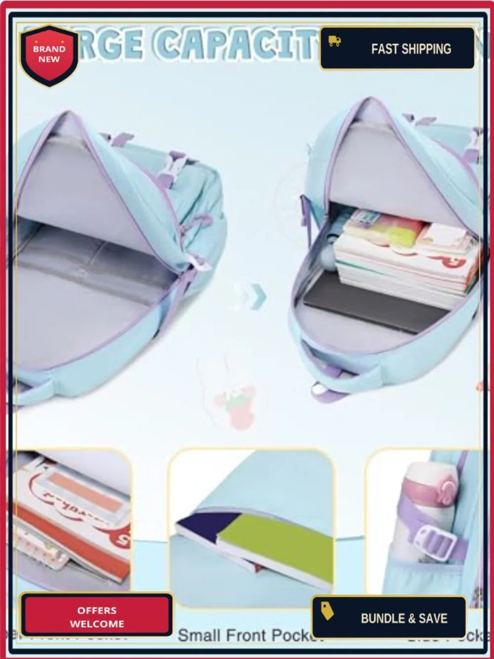 Girls School Backpack Set with Lunch Box and Pencil Case, Waterproof Nylon,